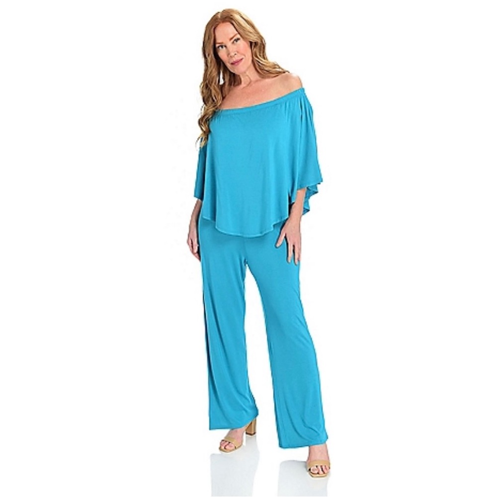 Blue off the shoulder jumpsuit